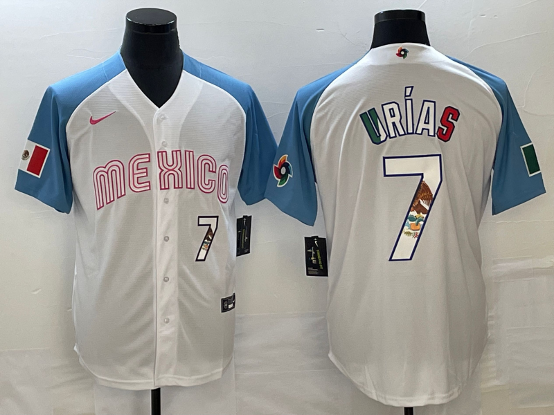 Men's Mexico Baseball #7 Julio Urías 2023 White Blue World Baseball Classic With Patch Stitched Jersey